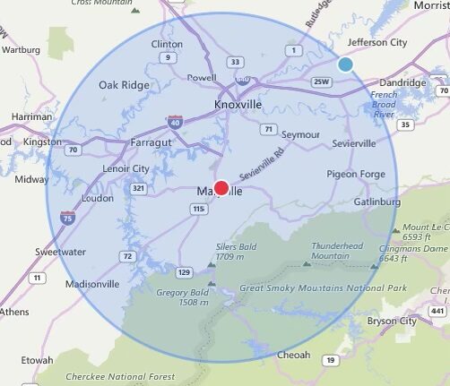 Map showing service area for TulaBlu Events with 25 mi radius from Marysville, TN